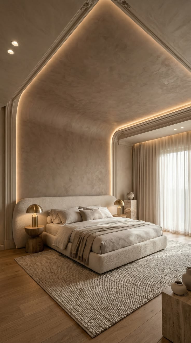 Warm minimalist bedroom interior