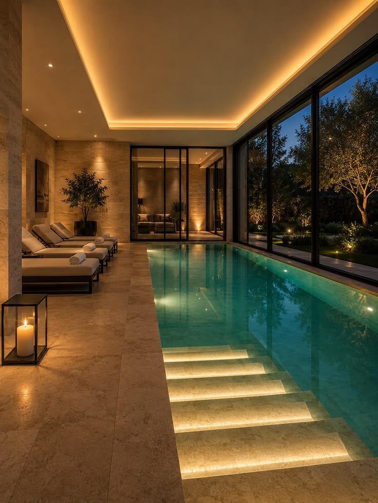 Luxury indoor-outdoor pool with travertine tile and LED lighting